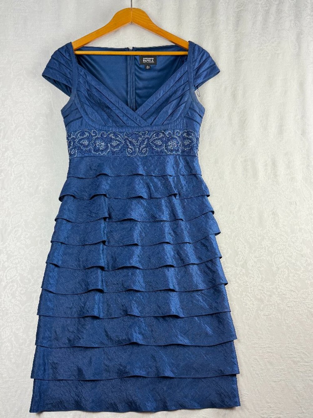 Adrianna Papell Womenโs 8 Blue Tiered Ruffle Dress Embroidered Cocktail Party